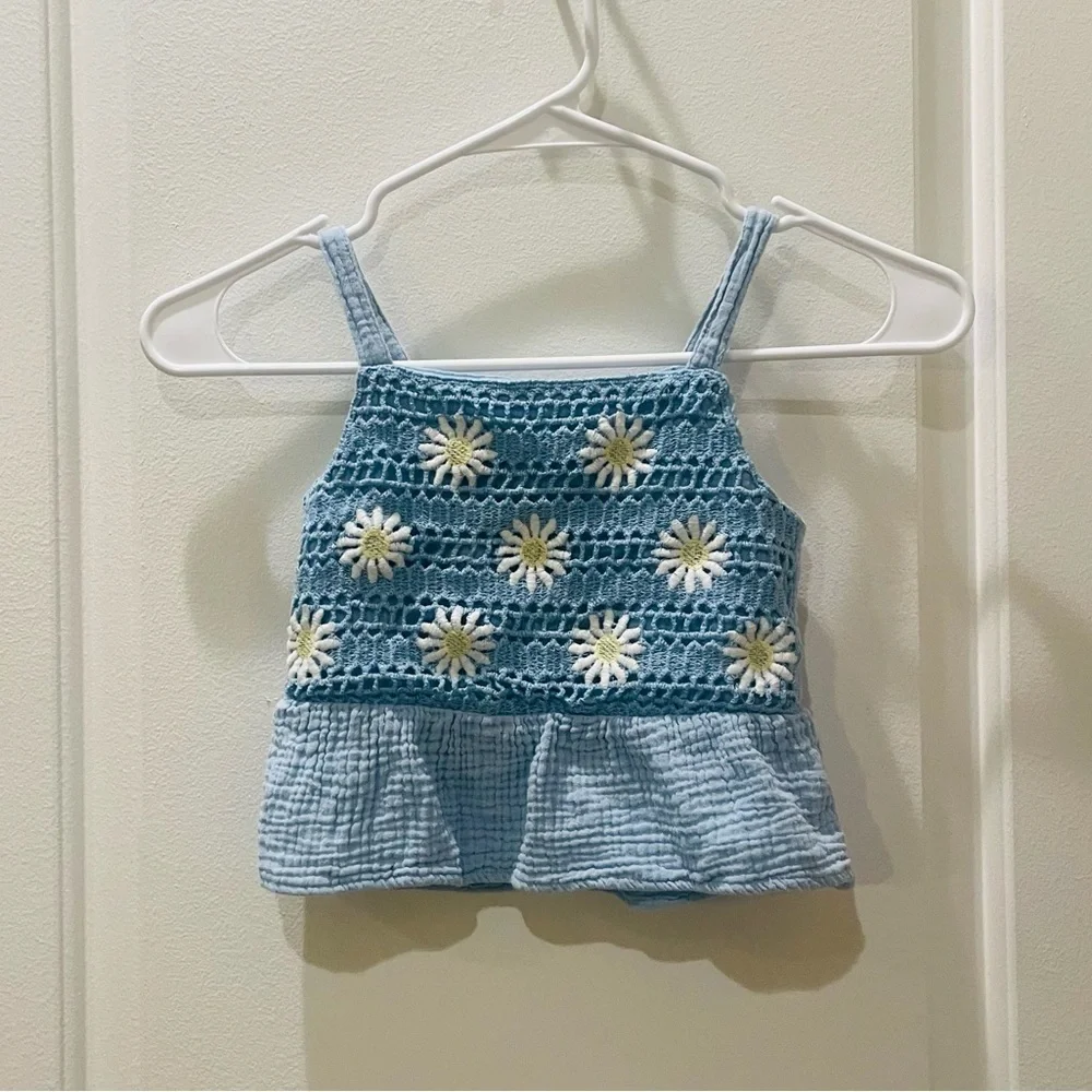 Between…Girls Blue Crochet Top and Shorts outfit with Daisy Accents - Picture 2 of 5